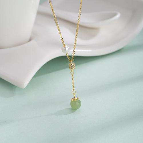 Cubic Zircon Micro Pave Brass Necklace, with Hetian Jade & Plastic Pearl, fashion jewelry & micro pave cubic zirconia & for woman Approx 45 cm 