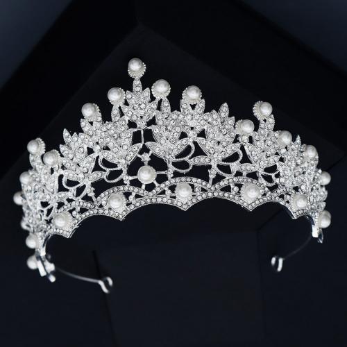 Couronne impériale de mariée, alliage de zinc, avec perle de plastique, bijoux de mode & pour femme & avec strass, argent, Vendu par PC