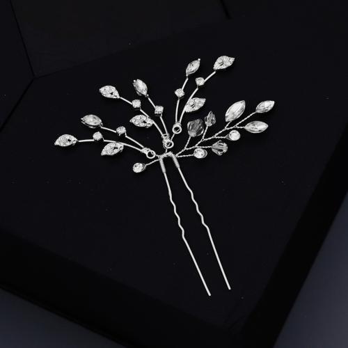 Hair Stick, Brass, with Crystal, fashion jewelry & for woman & with rhinestone, silver color 