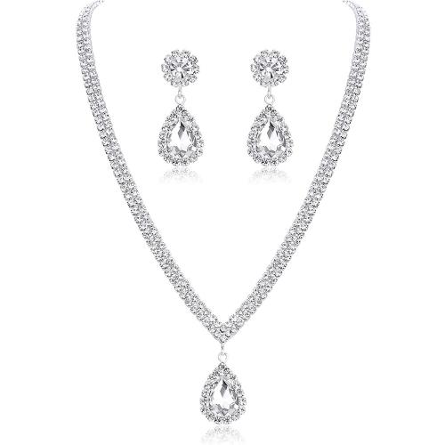 Rhinestone Zinc Alloy Jewelry Set, earring & necklace, with 18cm extender chain, 2 pieces & fashion jewelry & for woman, earring 34*13mm, pendant 27*13mm Approx 27.3 cm 