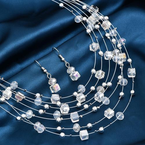 Crystal Jewelry Sets, Tiger Tail Wire, collar & earring, with Crystal, with 5cm extender chain, 2 pieces & fashion jewelry & for woman, earring 33*8mm Approx 44 cm 