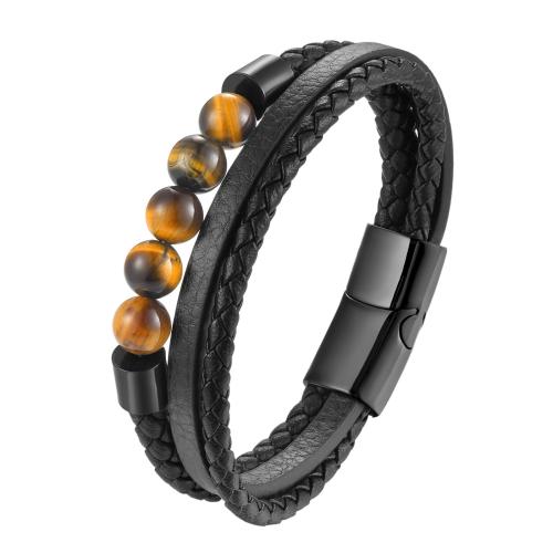 PU Leather Cord Bracelets, with Tiger Eye & 304 Stainless Steel, Vacuum Ion Plating, vintage & for man, black cm 