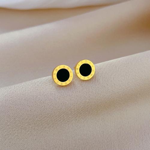 Stainless Steel Stud Earring, 304 Stainless Steel, with Black Shell, Flat Round, Vacuum Ion Plating, fashion jewelry & for woman 8mm 