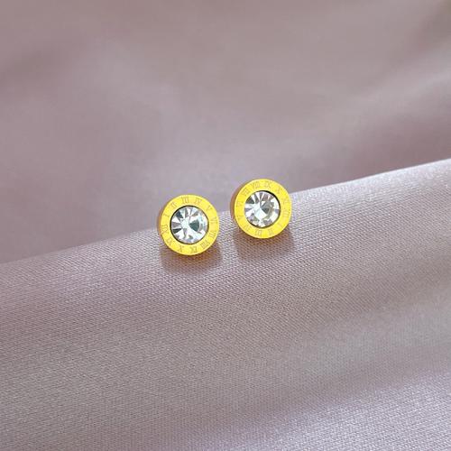 Stainless Steel Cubic Zirconia Stud Earring, 304 Stainless Steel, with Cubic Zirconia, Flat Round, Vacuum Ion Plating, fashion jewelry & for woman 8mm 