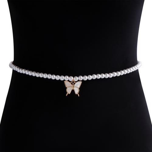 Decorative Chain Belt, Zinc Alloy, with Pearl Oyster & Plastic Pearl, Butterfly, gold color plated, for woman, white 