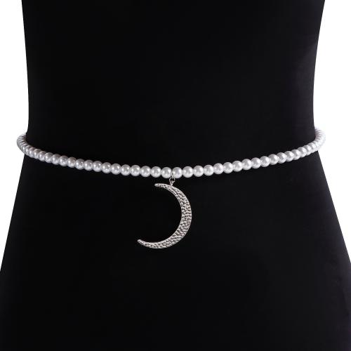 Decorative Chain Belt, Zinc Alloy, with Plastic Pearl, Moon, silver color plated, for woman, white 