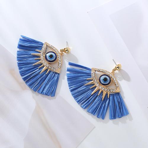 Fashion Tassel Earring, Zinc Alloy, with Rafidah Grass, plated, fashion jewelry & with rhinestone, blue 