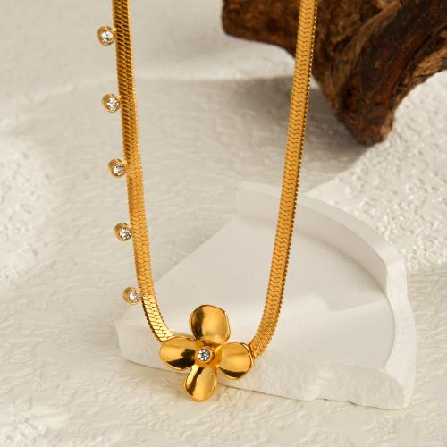 Edelstahl Schmuck Halskette, 304 Edelstahl, mit Verlängerungskettchen von 5cm, Blume, plattiert, Modeschmuck & mit Strass, goldfarben, Länge:40 cm, verkauft von PC