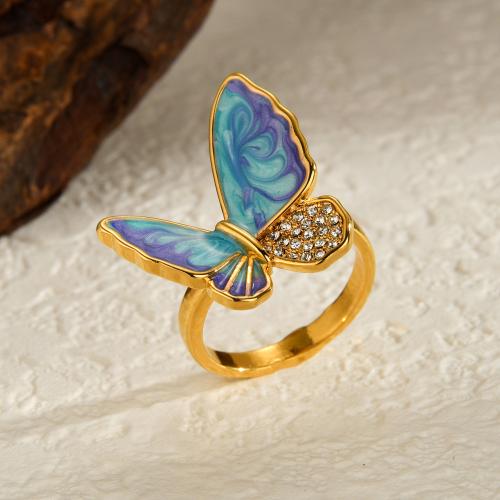 Rhinestone Stainless Steel Finger Ring, 304 Stainless Steel, Butterfly, plated, fashion jewelry & enamel & with rhinestone, golden 