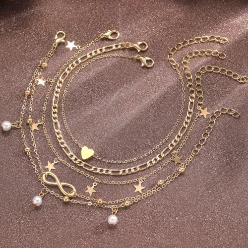 Anklet en alliage de zinc, avec perle de plastique, 5 pièces & bijoux de mode & pour femme, Or, Vendu par fixé