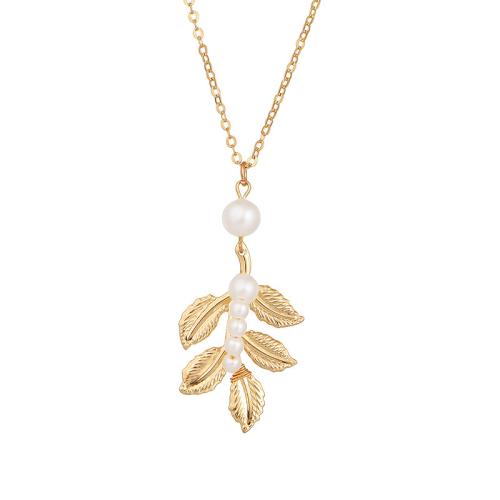 Fashion Iron Necklace, with Plastic Pearl, with 5cm extender chain, Leaf, fashion jewelry & for woman, gold cm 