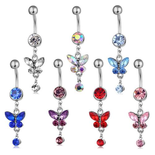 Stainless Steel Belly Ring, Zinc Alloy, with 316 Stainless Steel, for woman & with rhinestone 5MM steel ball *1.6*11MM bend rod 