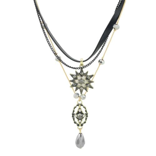 Collier en alliage de zinc, avec cordon en cuir & cristal, avec 6cm chaînes de rallonge, bijoux de mode & multicouche & unisexe Environ 32 cm, Vendu par PC