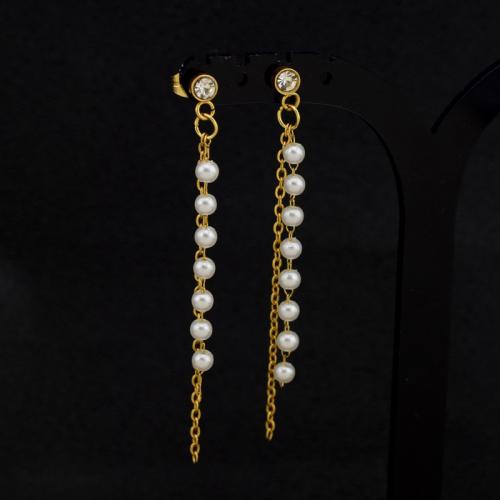 Fashion Fringe Boucles d'oreilles, Acier inoxydable 304, avec perle de plastique, poli, bijoux de mode & pour femme & avec strass, doré, 60mm, Vendu par paire