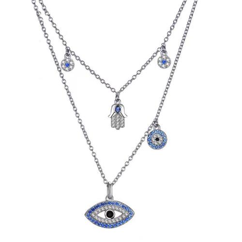Evil Eye Jewelry Necklace, Brass, with 5cm extender chain, Double Layer & fashion jewelry & micro pave cubic zirconia & for woman Approx 55 cm 