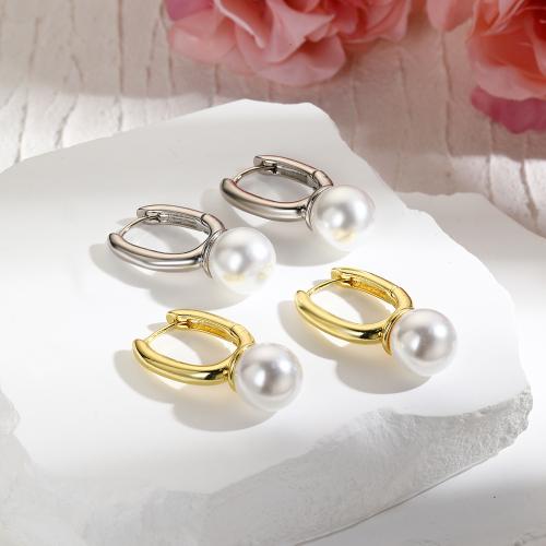 Brass Huggie Hoop Earring, with Plastic Pearl, plated, for woman 