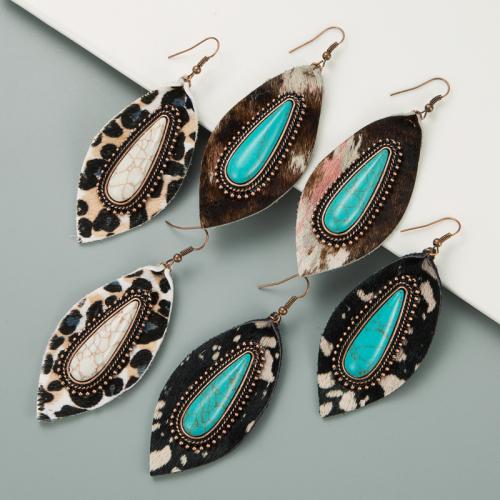 Zinc Alloy Drop Earring, with turquoise & PU Leather, plated, fashion jewelry 
