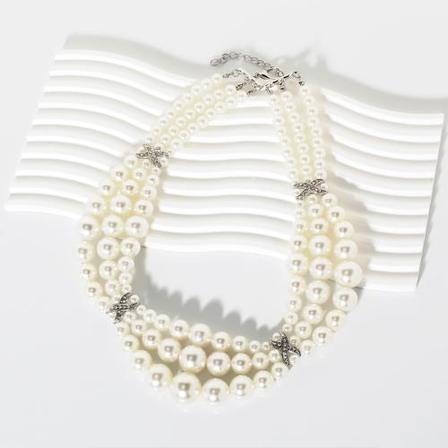 Plastic Pearl Sweater Necklace, with 2.76 Inch extender chain, fashion jewelry & multilayer & for woman & with rhinestone, white .5 Inch 