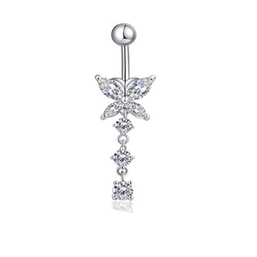Stainless Steel Belly Ring, 304 Stainless Steel, with Brass & micro pave cubic zirconia & for woman, white 