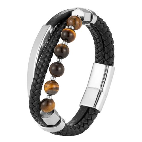 bracelet de cordon en PU , acier inoxydable 316L, avec cuir PU & oeil de tigre, poli, pour homme, couleurs mélangées cm, Vendu par PC