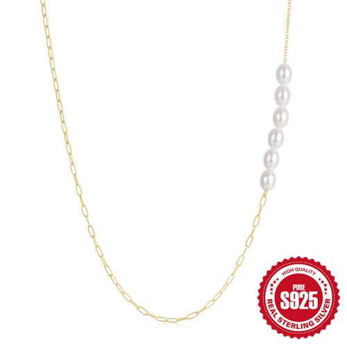 925 Sterling Silver Necklace, with Plastic Pearl, with 1.968inch extender chain, gold color plated, Korean style & for woman Approx 15.74 Inch 