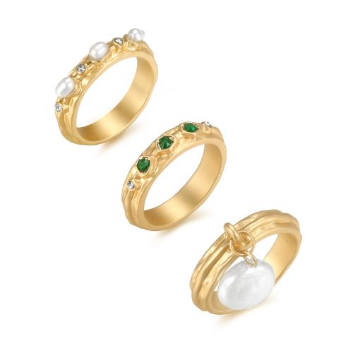 Anillo de dedo de aleación de Zinc, con Perlas de plástico ABS, tres piezas & Joyería & diverso tamaño para la opción & para mujer & con diamantes de imitación, dorado, Vendido por Set