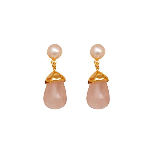 Freshwater Pearl Drop Earring, Brass, with Chalcedony & Freshwater Pearl, 18K gold plated, fashion jewelry & for woman, pink 