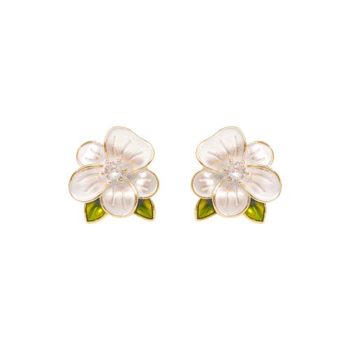 Cubic Zirconia Micro Pave Brass Earring, Flower, fashion jewelry & micro pave cubic zirconia & for woman & enamel, white 