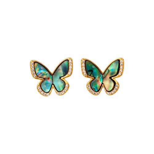 Abalone Shell Earring, Brass, with Abalone Shell, Butterfly, fashion jewelry & micro pave cubic zirconia & for woman 