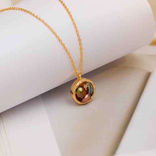 Freshwater Pearl Brass Necklace, with Freshwater Pearl, 18K gold plated, fashion jewelry & for woman & enamel, golden Approx 49.5 cm [