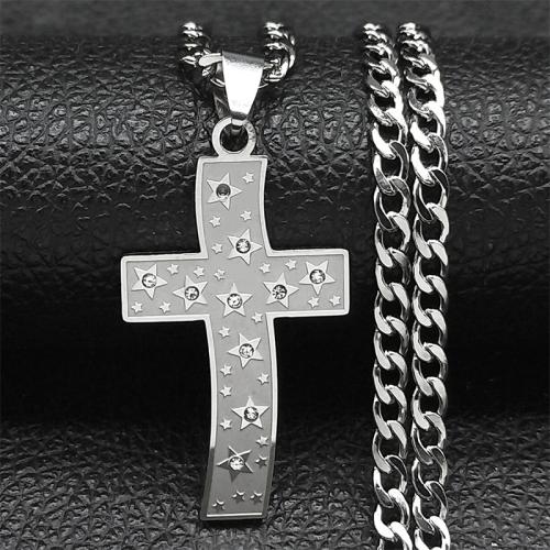 Edelstahl Schmuck Halskette, 304 Edelstahl, Kreuz, Modeschmuck & unisex & mit Strass, keine, 35x22mm, Länge:ca. 60 cm, verkauft von PC
