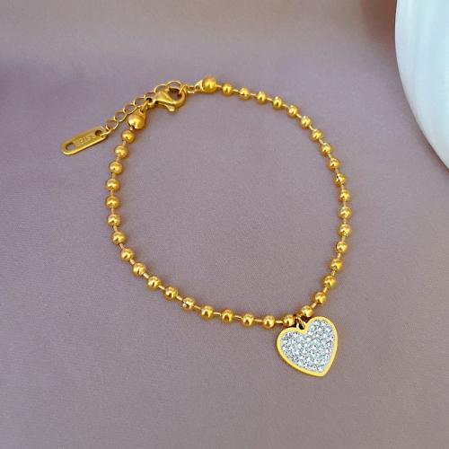 Stainless Steel Charm Bracelet, 304 Stainless Steel, with 3cm extender chain, Heart, Vacuum Ion Plating, fashion jewelry & for woman & with rhinestone cm 