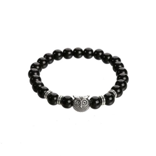 Glas Perlen Zink Legierung Armbänder, mit Zinklegierung, Eule, Modeschmuck & unisex, schwarz, beads:8mm, Länge:ca. 19-19.5 cm, verkauft von PC