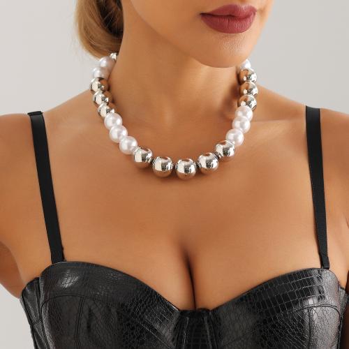 Zinc Alloy Necklace, with Plastic Pearl, silver color plated, for woman 