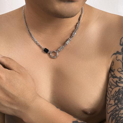 Collier de bijoux de titane, Acier titane, avec 5.5CM chaînes de rallonge, Placage de couleur argentée, pour homme & avec strass cm, Vendu par PC