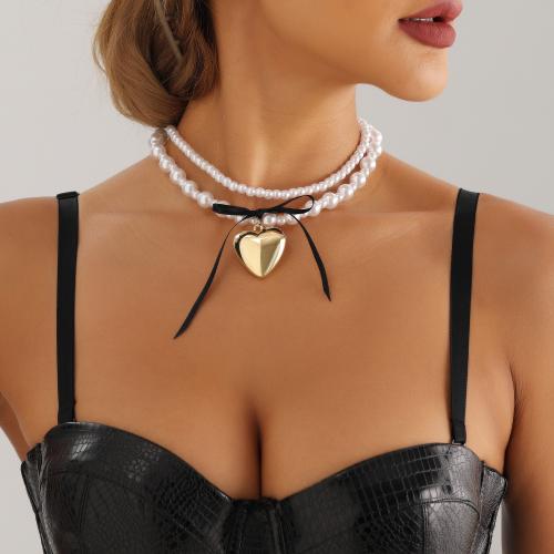 Zinc Alloy Necklace, with Plastic Pearl, Heart, gold color plated, Double Layer & for woman, white 