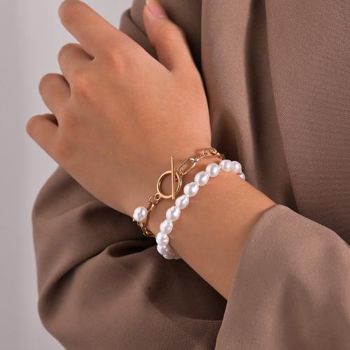 Moda pulseras de la aleación de Zinc, con Perlas plásticas, chapado, Joyería & diferentes patrones para la opción, dorado, Vendido por UD