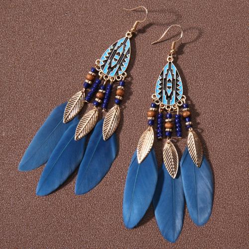 Fashion Feather Earring , Zinc Alloy, with Seedbead & Feather, plated, folk style & for woman 100mm [