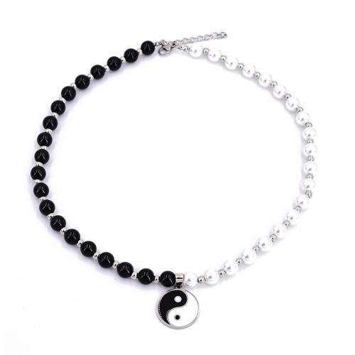Edelstein Halsketten, Zinklegierung, mit Obsidian & Kunststoff Perlen, unisex & verschiedene Stile für Wahl & Emaille, keine, Länge:ca. 41-50 cm, verkauft von PC