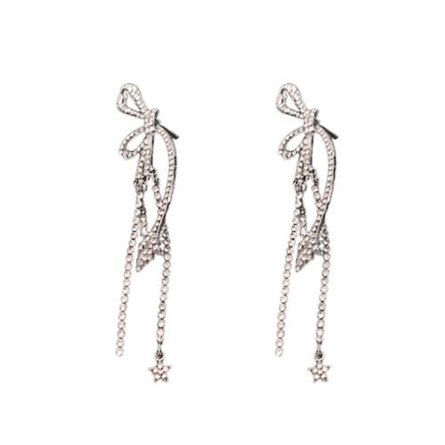 Zinc Alloy Rhinestone Drop Earring, Bowknot, fashion jewelry & for woman & with rhinestone, silver color [