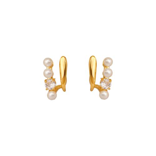 Cubic Zirconia Micro Pave Brass Earring, with Plastic Pearl, 18K gold plated, fashion jewelry & micro pave cubic zirconia & for woman, golden 
