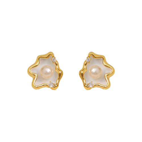 Cubic Zirconia Micro Pave Brass Earring, with Plastic Pearl, fashion jewelry & micro pave cubic zirconia & for woman & enamel, golden 