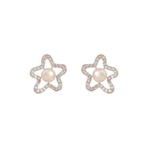 Cubic Zirconia Micro Pave Brass Earring, with Freshwater Pearl, Flower, fashion jewelry & micro pave cubic zirconia & for woman & hollow 
