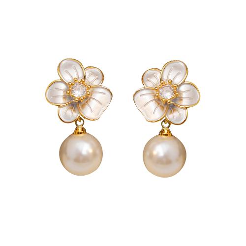 Cubic Zirconia Micro Pave Brass Earring, with Plastic Pearl, Flower, fashion jewelry & micro pave cubic zirconia & for woman & enamel, white 