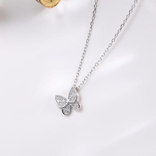 Cubic Zirconia Micro Pave Sterling Silver Necklace, 925 Sterling Silver, Butterfly, fashion jewelry & micro pave cubic zirconia & for woman 