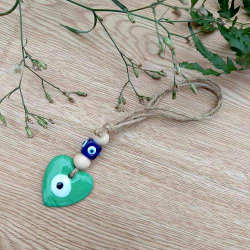 Hanging Ornaments, Lampwork, with Linen & Wood, Heart, for home and office & evil eye pattern 