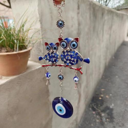 Hanging Ornaments, Zinc Alloy, with Lampwork & Resin, Owl, silver color plated, for home and office & evil eye pattern & epoxy gel, blue 
