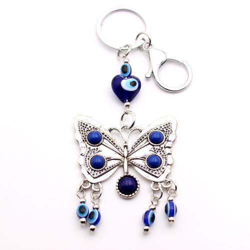Turquie verre porte-clés, alliage de zinc, avec chalumeau, papillon, Placage de couleur argentée, motif de mauvais œil, bleu, Vendu par PC