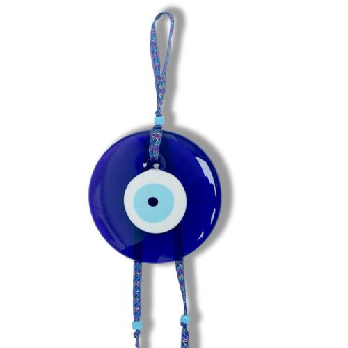 Hanging Ornaments, Lampwork, with Polyester Cord, Flat Round, for home and office & evil eye pattern, blue 