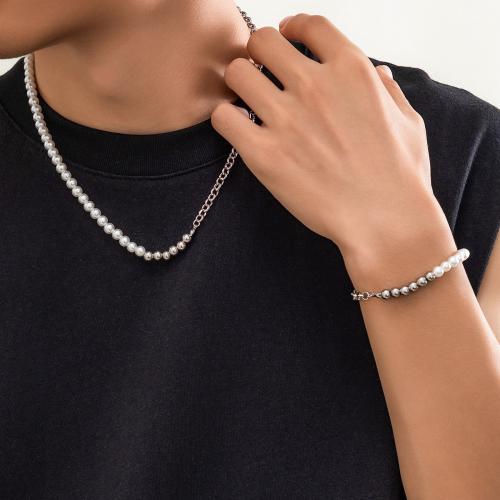 Plastic Pearl Necklace, Zinc Alloy, bracelet & necklace, with Plastic Pearl, silver color plated, for man 